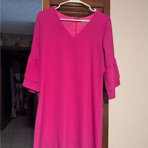 Bright Pink V-Neck Tiered Sleeve Dress